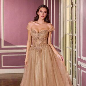 New Mocha Gold Off Shoulder Beads Embellished Tulle Graduation Dress CD CC493